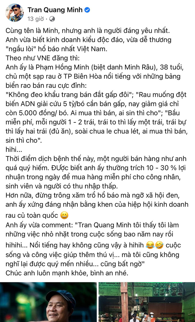 Ông chủ sạp rau Minh Râu được dân mạng khen rần rần những ngày qua, nay được hàng loạt người nổi tiếng chia sẻ về sự tử tế-2