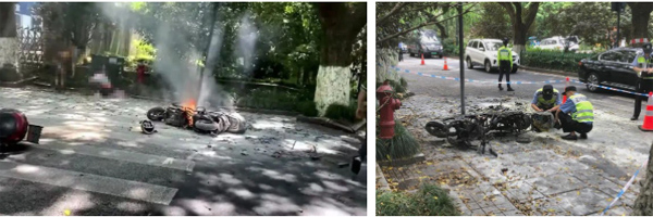 Đang chạy bon bon trên đường, xe điện đột ngột bốc cháy khiến 2 bố con bị thiêu rụi quần áo, người mẹ đi ngay cạnh chết lặng trước hiện trường thảm khốc-2