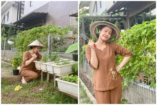 Nhật Kim Anh hóa 'nông dân' chăm sóc vườn rau xanh mướt vào mùa dịch