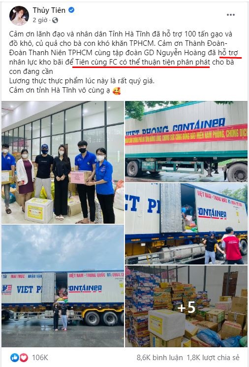 Ca sĩ Thủy Tiên lại bị mắng nhận vơ 1.000 tấn thực phẩm người Hà Tĩnh gửi tặng Sài Gòn vì dòng status ỡm ờ-1