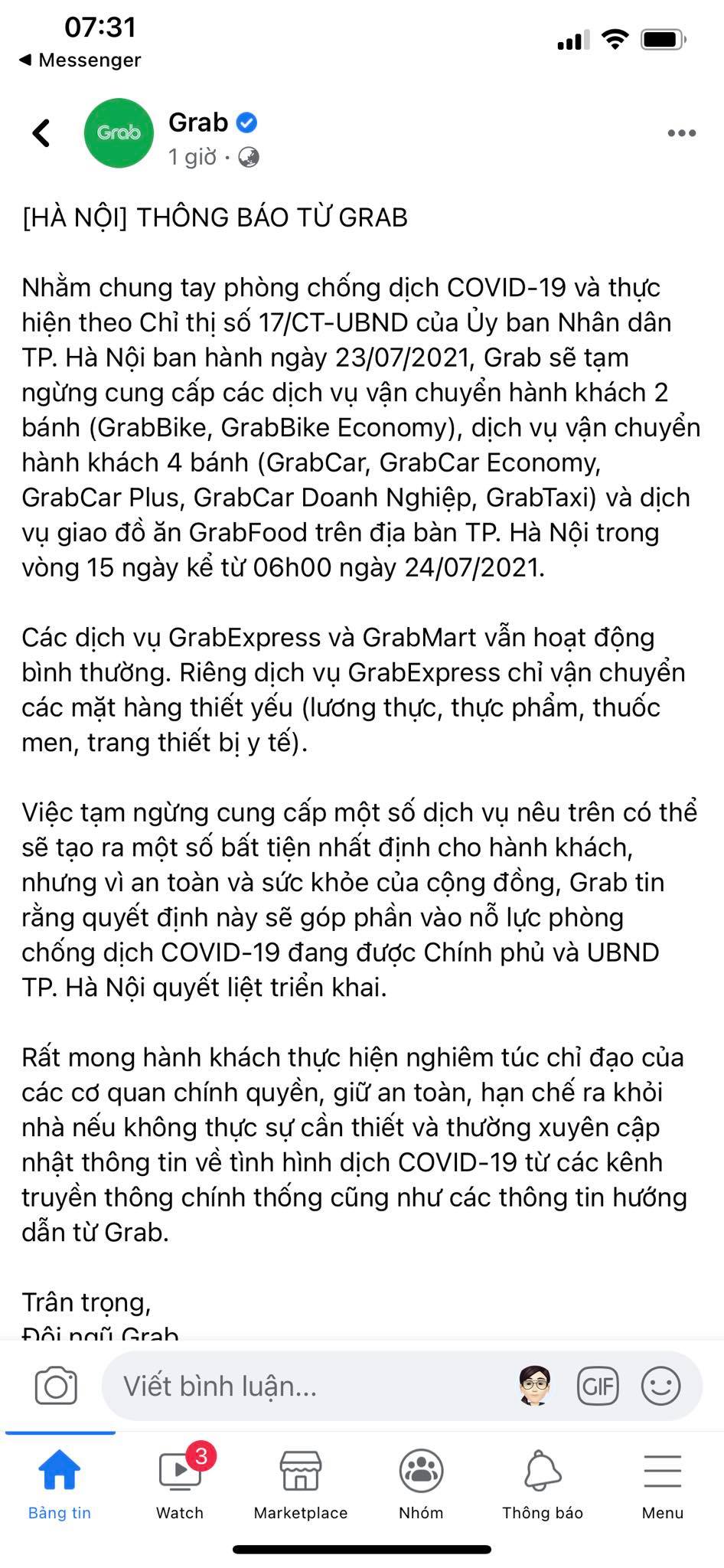 Grab, Now, Baemin thông báo tạm dừng dịch vụ giao đồ ăn tại Hà Nội từ 6h ngày 24/7-1