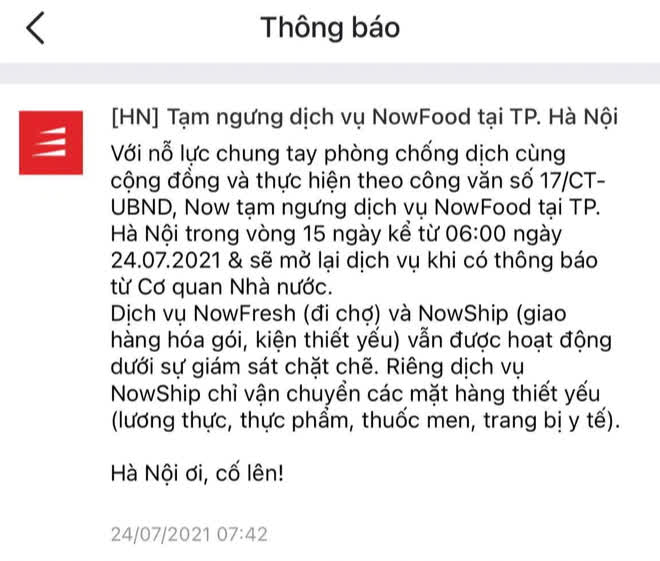 Grab, Now, Baemin thông báo tạm dừng dịch vụ giao đồ ăn tại Hà Nội từ 6h ngày 24/7-2