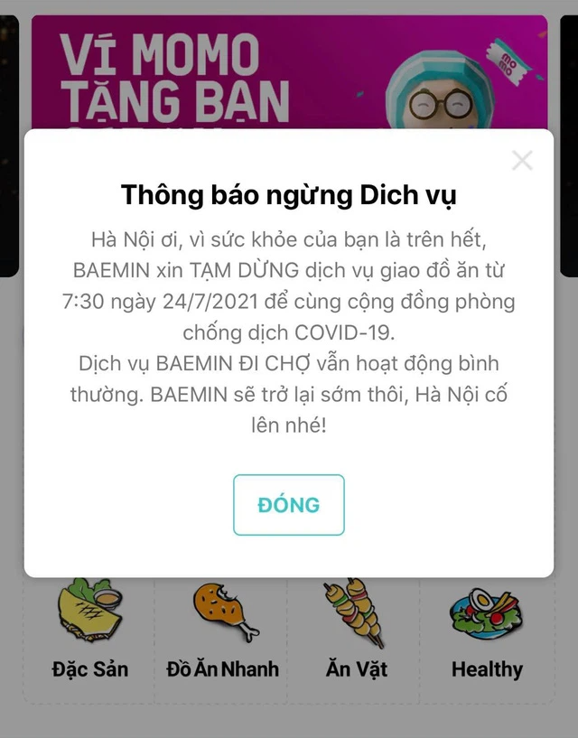 Grab, Now, Baemin thông báo tạm dừng dịch vụ giao đồ ăn tại Hà Nội từ 6h ngày 24/7-3