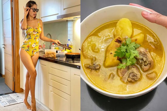 Siêu mẫu Hà Anh diện cả bikini đứng bếp, món cà ri gà nấu lần đầu đã thành công