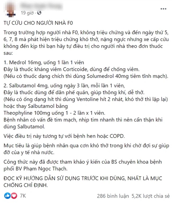 Lan truyền đơn thuốc tự cứu cho người nhà F0 xuất hiện triệu chứng nặng trên MXH: Chuyên gia lên tiếng phản bác-1