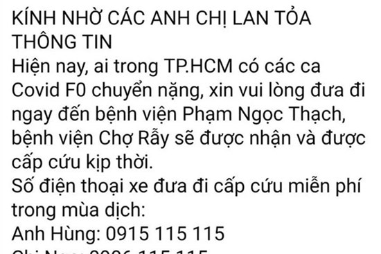 Sự thật về 8 số điện thoại hỗ trợ cấp cứu bệnh nhân Covid-19 ở TP.HCM