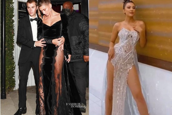 Bà xã Justin Bieber mặc đầm xẻ hiểm hóc, khiến chồng phải che chắn liên tục nhưng vẫn chưa là gì với Á hậu nóng bỏng Vbiz