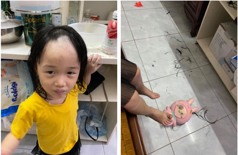 Vừa rời con 5 phút, mẹ trẻ quay lại thì phát hoảng khi nhìn mái tóc tự xử của con-1