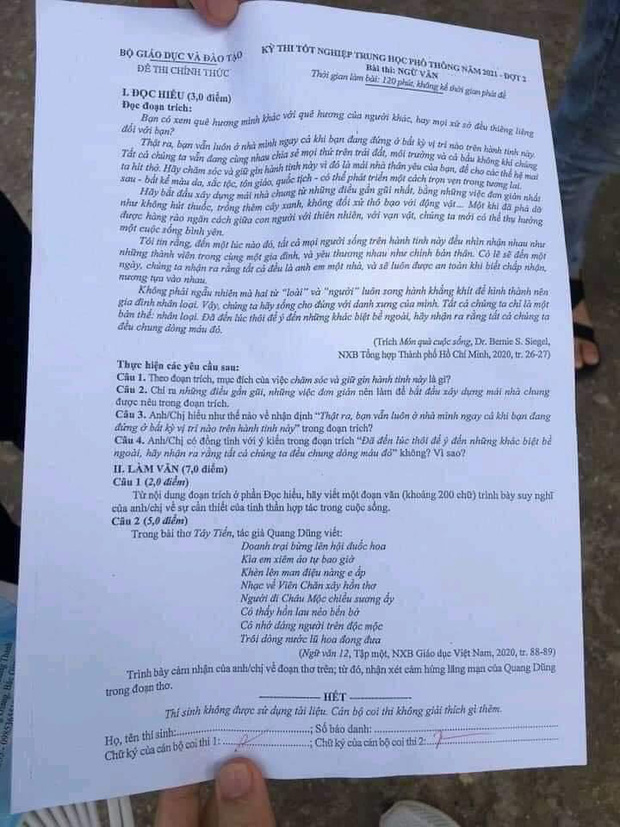 Đề thi môn Văn THPT Quốc gia 2021 đợt 2: Tây Tiến!-1