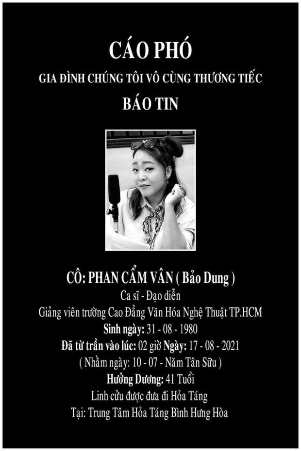 Người thân xót xa thông báo tang lễ của ca sĩ Phan Cẩm Vân, linh cữu được đưa đi hoả táng gấp giữa dịch Covid-19-2