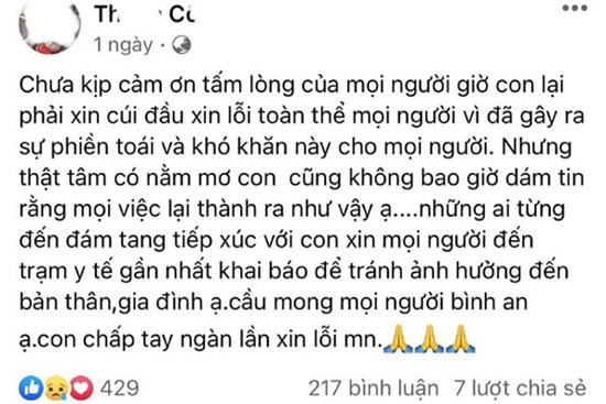 Bệnh nhân COVID-19 viết tâm thư xin lỗi gần 100 người vô tình thành F1