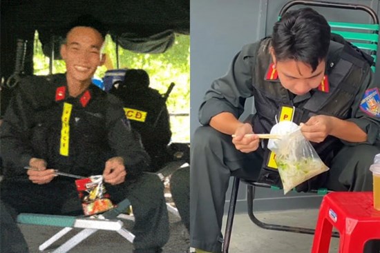 Bữa ăn vất vả của các anh cảnh sát cơ động đang đi chống dịch khiến ai cũng cảm động nhưng họ vẫn nở nụ cười trên môi