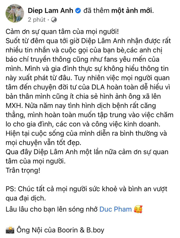Diệp Lâm Anh trực tiếp lên tiếng trước tin đồn ly hôn, đăng ảnh cả gia đình và tiết lộ tình trạng với nhà chồng-1