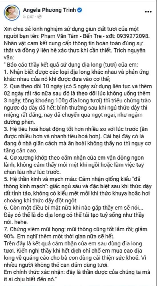Angela Phương Trinh và hàng loạt dân mạng lan truyền thông tin uống địa long tươi chữa COVID-19, chuyên gia y tế khẳng định lợi bất cập hại-1