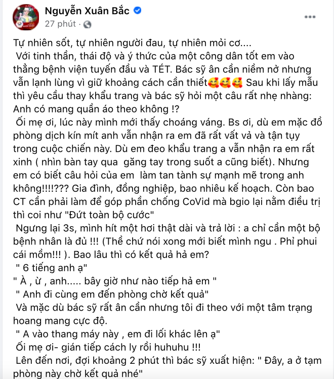 NS Xuân Bắc lo lắng khi có triệu chứng nghi nhiễm Covid-19, xúc động vì 1 việc làm của bác sĩ trong lúc chờ kết quả-1