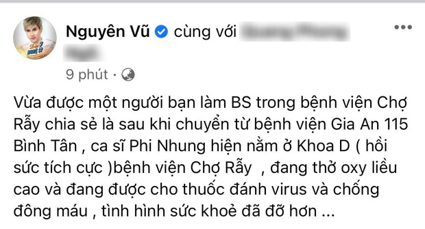 Nguyên Vũ tiết lộ thông tin mới nhất của Phi Nhung: Đang thở oxy liều cao, uống thuốc chống đông máu!-1