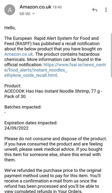 Ireland thu hồi lô mì Hảo Hảo vì chứa chất có thể gây ung thư-2