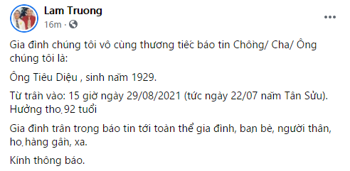 Bố ca sĩ Lam Trường qua đời, hưởng thọ 92 tuổi-1