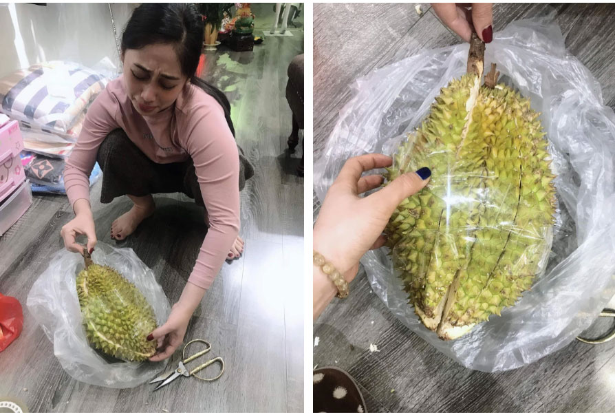 Hai chị em hí hửng đi mua quả sầu riêng nhưng bổ ra không thấy thịt đâu mà lại khóc rớt nước mắt với thứ hiếm gặp bên trong-1