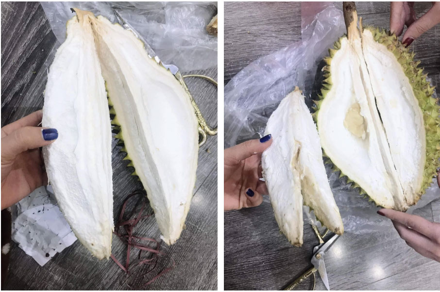 Hai chị em hí hửng đi mua quả sầu riêng nhưng bổ ra không thấy thịt đâu mà lại khóc rớt nước mắt với thứ hiếm gặp bên trong-2