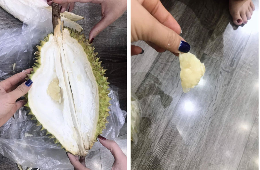 Hai chị em hí hửng đi mua quả sầu riêng nhưng bổ ra không thấy thịt đâu mà lại khóc rớt nước mắt với thứ hiếm gặp bên trong-3