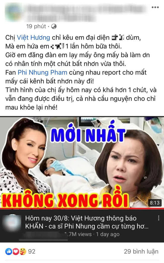 Kênh YouTube loan tin Phi Nhung đang cầm cự từng hơi thở, Việt Hương bức xúc nhờ người thân lên tiếng, tiết lộ tình trạng hiện tại-1