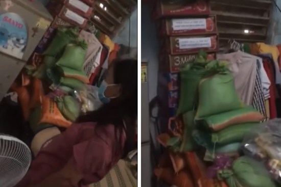 Người phụ nữ liên tục gọi xin hỗ trợ, cán bộ xã xuống thăm thì phát hiện trong nhà có cả chục bao gạo, mì tôm