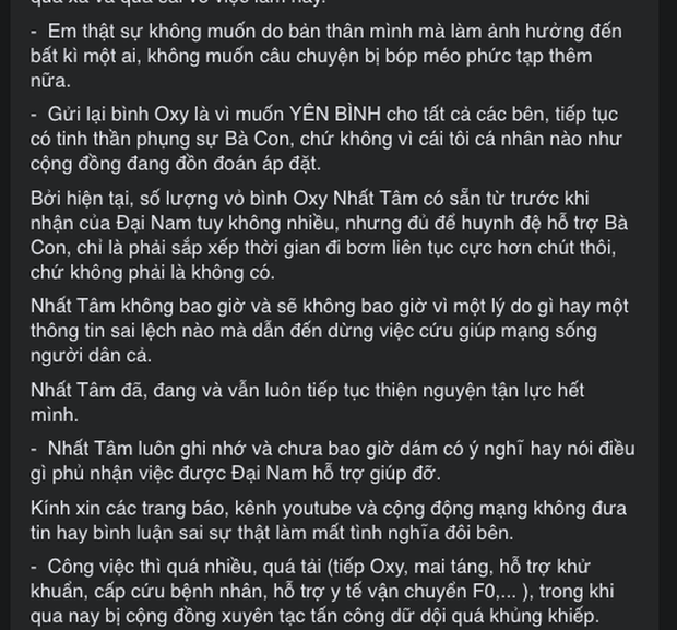 Sau khi minh oan cho ông Đoàn Ngọc Hải, trưởng nhóm từ thiện Nhất Tâm tiếp tục gửi tâm thư tới vợ chồng đại gia Phương Hằng: Gửi trả lại bình Oxy là muốn YÊN BÌNH cho tất cả các bên!-4
