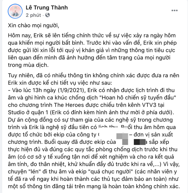 Erik chính thức lên tiếng thừa nhận việc đi thu âm trong thời gian giãn cách, bác bỏ thông tin sai lệch trên MXH-1
