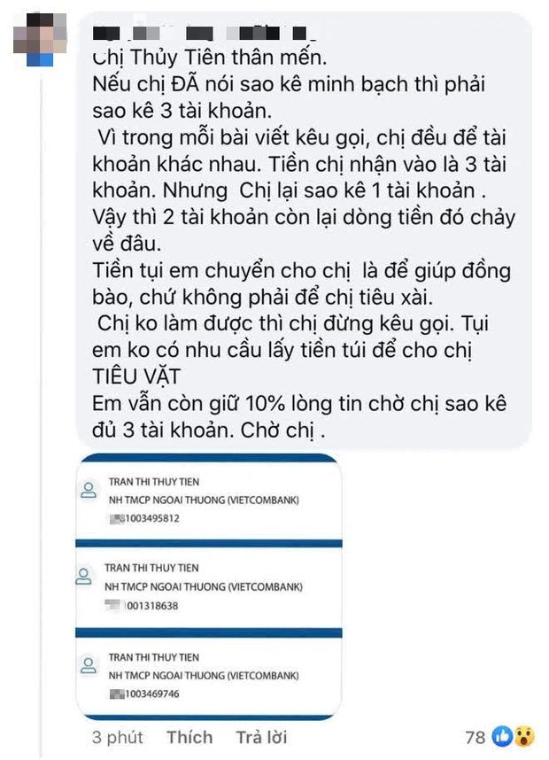 Netizen soi Thuỷ Tiên sử dụng 3 số tài khoản ngân hàng kêu gọi từ thiện nhưng chỉ sao kê 1, thực hư là gì?-1