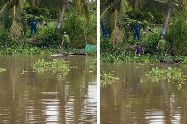 Nam thanh niên không đeo khẩu trang thấy chốt liền nhảy xuống sông né, công an chèo thuyền ra tận nơi đón vào-1