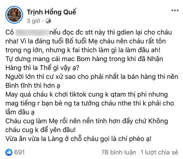Người mẫu Hồng Quế bị 1 hot Tiktoker tố bom hàng: 5 đơn thì bom 3 nhận 2, gọi đến cháy máy không nghe-1