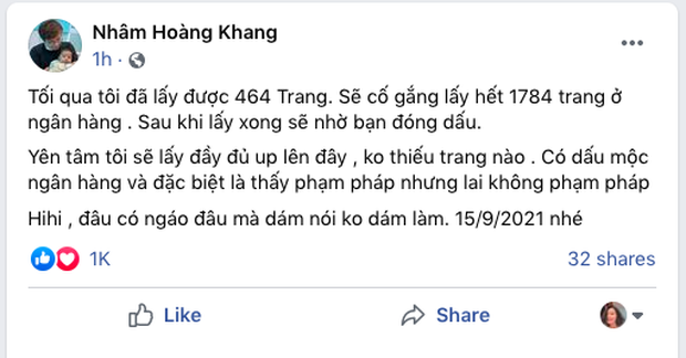 Cậu IT Nhâm Hoàng Khang tuyên bố đã có 464/1784 trang sao kê 280 tỷ đồng của Quỹ từ thiện Hằng Hữu: Sẽ cố gắng lấy hết và nhờ bạn đóng dấu-1