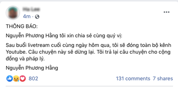 Bà Phương Hằng thông báo sẽ đóng toàn bộ kênh YouTube sau khi tuyên bố dừng lại trong buổi livestream cuối cùng-1