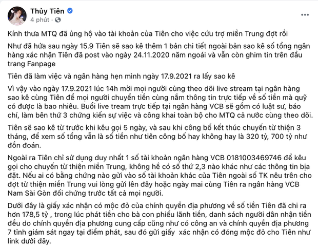 Thuỷ Tiên khẳng định chỉ dùng duy nhất 1 tài khoản để kêu gọi từ thiện, ai có bằng chứng khác cùng ra đối chiếu với ngân hàng-1