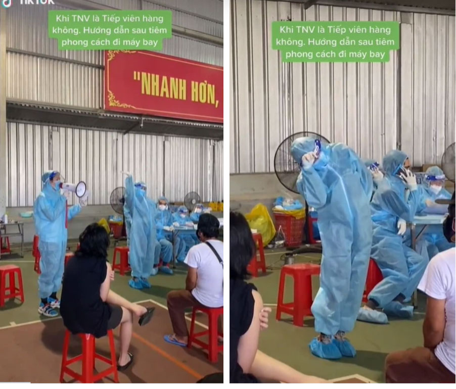 Khi tiếp viên hàng không đi làm tình nguyện viên chống dịch, hướng dẫn mọi người sau tiêm theo phong cách đi máy bay nhận được bão like” từ dân mạng-1