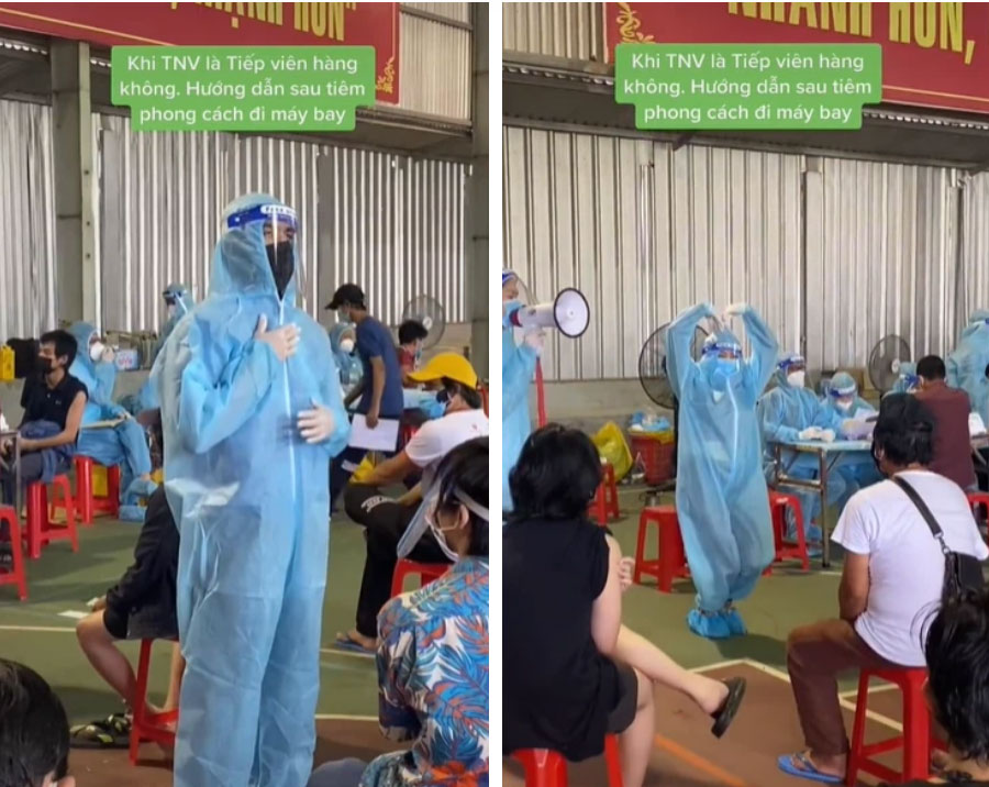 Khi tiếp viên hàng không đi làm tình nguyện viên chống dịch, hướng dẫn mọi người sau tiêm theo phong cách đi máy bay nhận được bão like” từ dân mạng-2