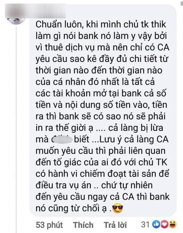 Sau bình luận về vấn đề sao kê Chủ tài khoản thích làm gì thì bank làm y vậy, Giám đốc chi nhánh 1 ngân hàng lên tiếng thanh minh-1