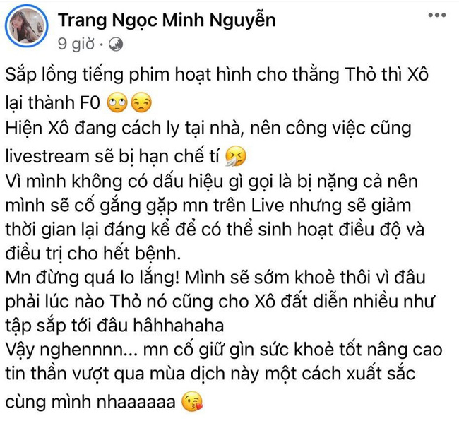 Vợ cũ Vinh Râu, Lương Minh Trang thông báo nhiễm Covid-19, tiết lộ tình trạng sức khỏe hiện giờ-1