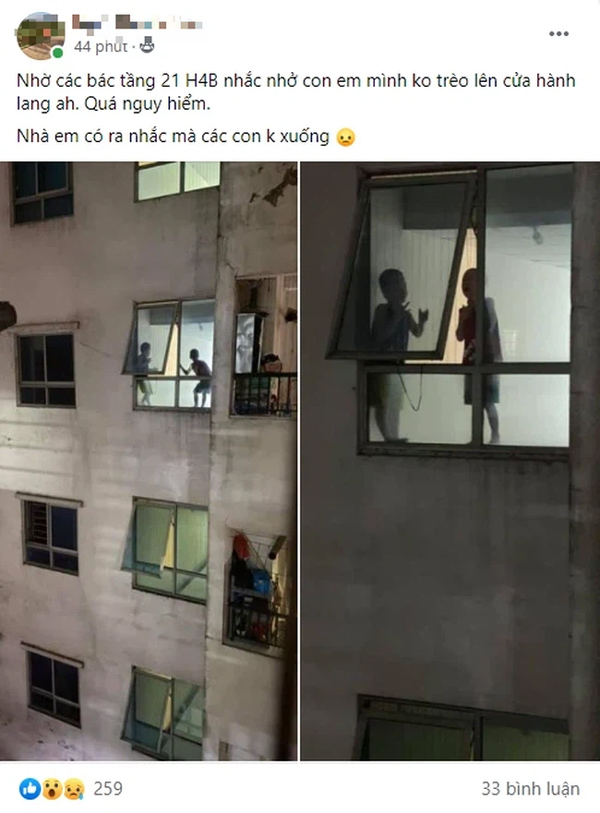 Thót tim cảnh 2 bé trai trèo ra cửa hành lang chung cư cao tầng chơi đùa chênh vênh trên gờ tường: Phụ huynh cần cảnh giác-1