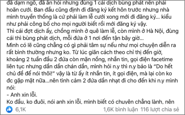 Hoãn cưới vì dịch, cô gái nhận tin sốc khi chồng sắp cưới thú nhận ngoại tình và lời đáp trả ngắn gọn kẻ phản bội cay hơn ăn ớt-1