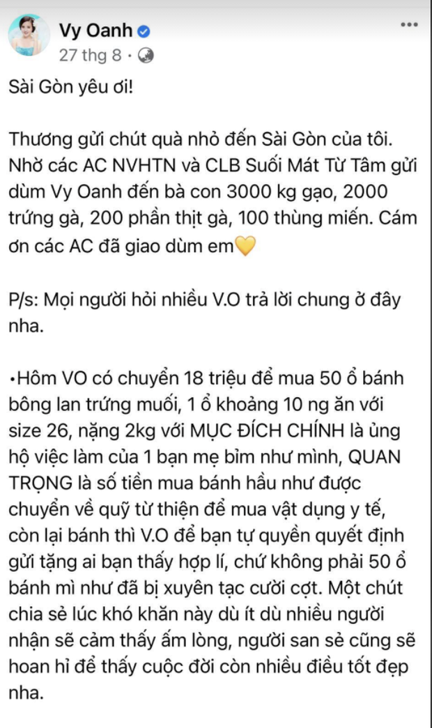 Vy Oanh lên tiếng khi liên tiếp bị vu khống, làm rõ chuyện quyên góp 50 chiếc bánh giữa danh sách ủng hộ tiền tỷ-3