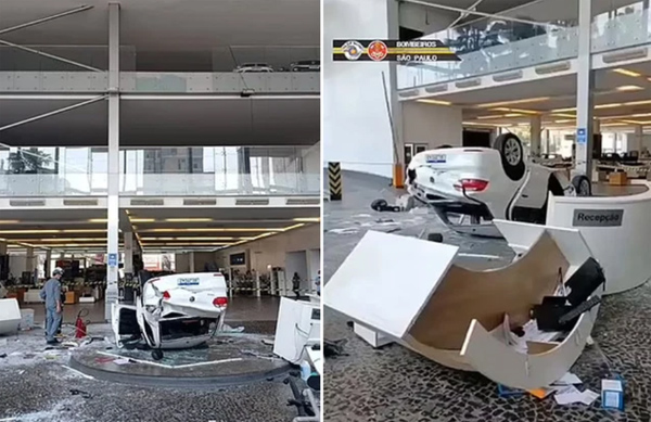 Công nhân vệ sinh ô tô đánh xe về showroom, bất cẩn khiến phương tiện lao từ tầng 2 xuống trúng hai lễ tân, để lại hiện trường kinh hoàng-1