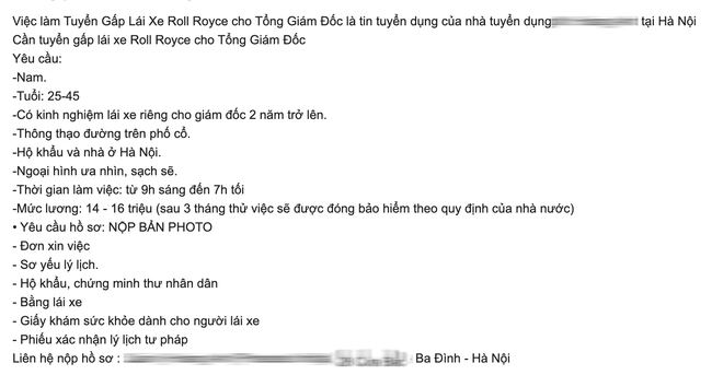 Đại gia đăng tuyển tài xế lương 14 triệu, yêu cầu hộ khẩu và nhà Hà Nội: Nghe qua tưởng kèo thơm nhưng khi biết hãng xe thì ối giời ơi!-1