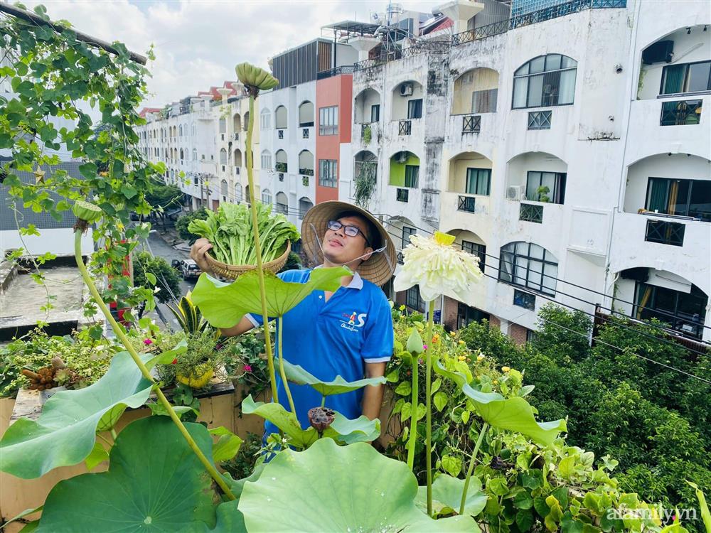 Sân thượng 20m² xanh mướt có đủ rau, hoa, góc thưởng trà thư giãn ở Sài Gòn-1