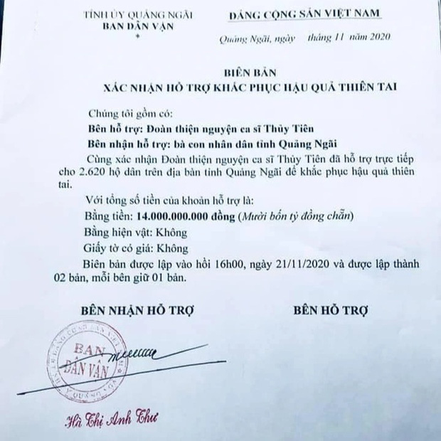 Ekip Thuỷ Tiên thông báo tỉnh Quảng Ngãi xác minh nhận 14 tỷ đồng quyên góp, đã cung cấp đầy đủ chứng từ với cơ quan điều tra-3