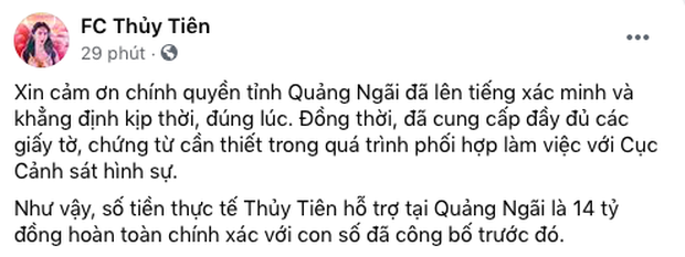 Ekip Thuỷ Tiên thông báo tỉnh Quảng Ngãi xác minh nhận 14 tỷ đồng quyên góp, đã cung cấp đầy đủ chứng từ với cơ quan điều tra-1