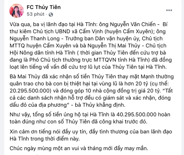 Chính quyền Hà Tĩnh xác nhận đã nhận hơn 40 tỷ đồng từ tiền Thuỷ Tiên quyên góp, so với sao kê liệu có trùng khớp?-1