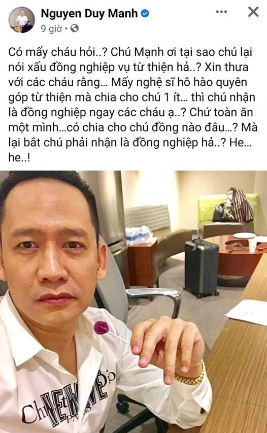 Duy Mạnh lại gây xôn xao với phát ngôn nghệ sĩ hô hào quyên góp từ thiện rồi ăn một mình-1