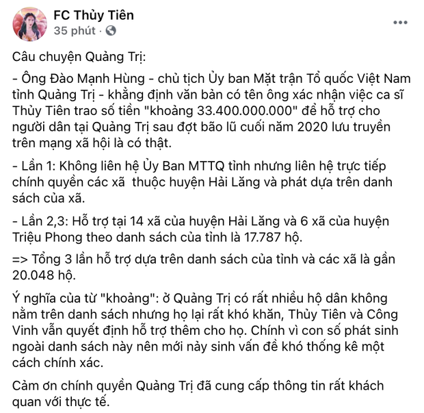 Phía Thuỷ Tiên làm rõ lý do không thống kê được chính xác số tiền từ thiện ở Quảng Trị?-2